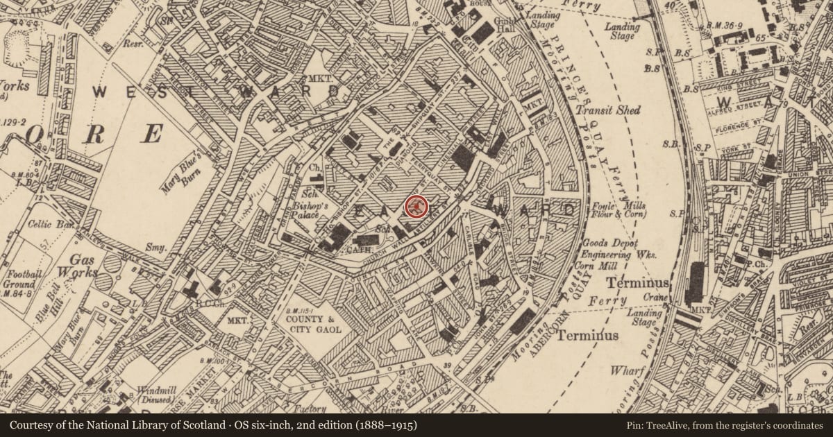 Ordnance Survey six-inch map, 2nd edition (1888–1915) covering the location of St. Columba's Church Parish Offices, Londonderry, Derry City and Strabane, with a pin at the register's coordinates