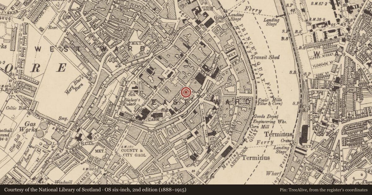 Ordnance Survey six-inch map, 2nd edition (1888–1915) covering the location of 2-4 Pump Street, Londonderry, Derry City and Strabane, with a pin at the register's coordinates