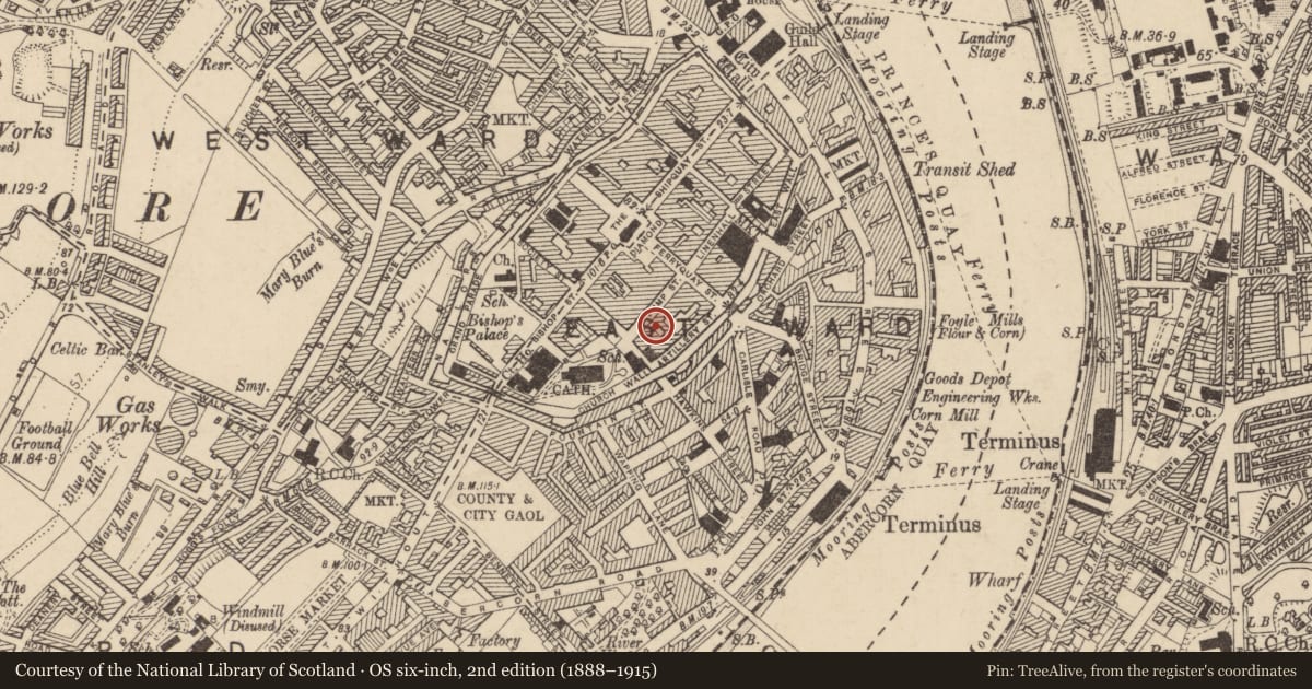 Ordnance Survey six-inch map, 2nd edition (1888–1915) covering the location of 20 Pump St., Derry City and Strabane, with a pin at the register's coordinates