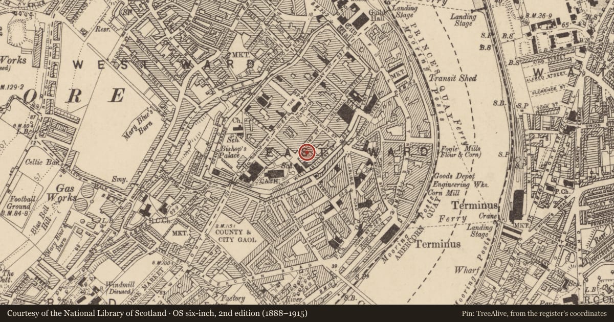 Ordnance Survey six-inch map, 2nd edition (1888–1915) covering the location of 22 Pump Street, Londonderry, Derry City and Strabane, with a pin at the register's coordinates