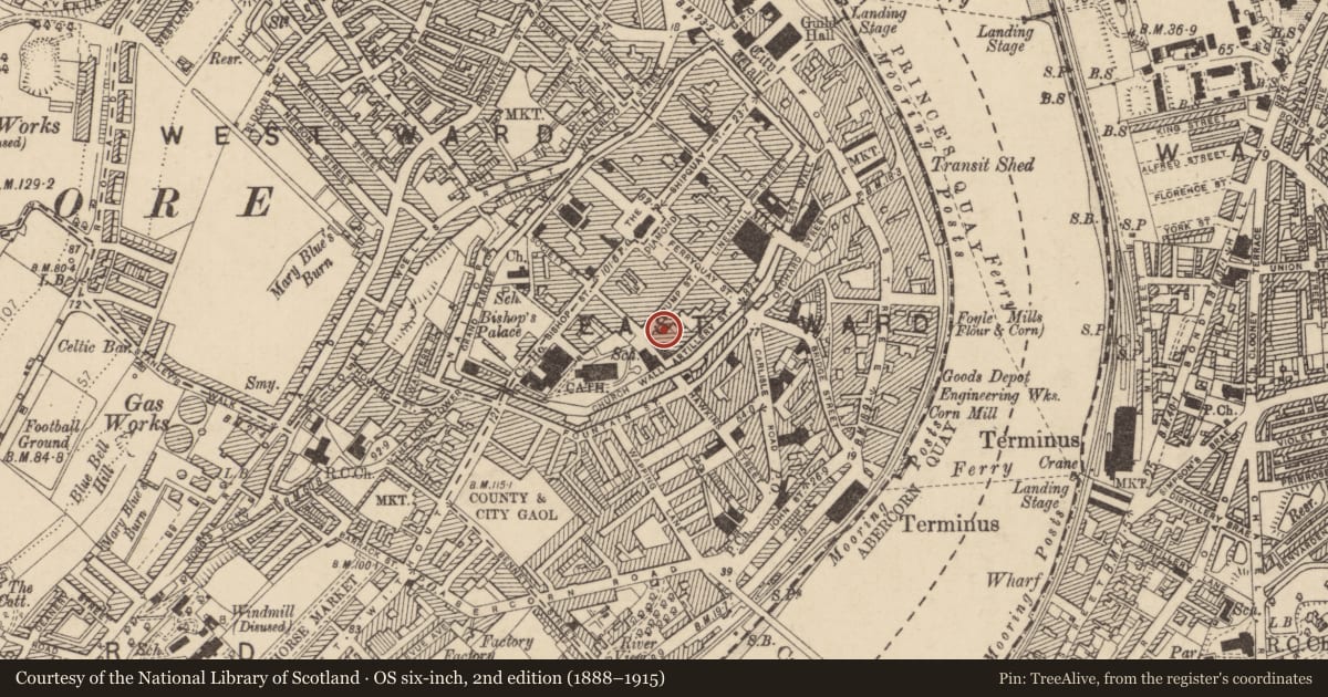 Ordnance Survey six-inch map, 2nd edition (1888–1915) covering the location of 24 Pump St., Derry City and Strabane, with a pin at the register's coordinates