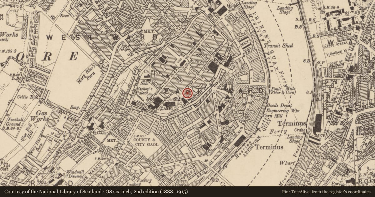 Ordnance Survey six-inch map, 2nd edition (1888–1915) covering the location of 26 Pump St., Derry City and Strabane, with a pin at the register's coordinates