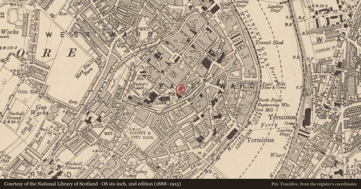 Ordnance Survey six-inch map, 2nd edition (1888–1915) covering the location of 28 Pump St., Derry City and Strabane, with a pin at the register's coordinates