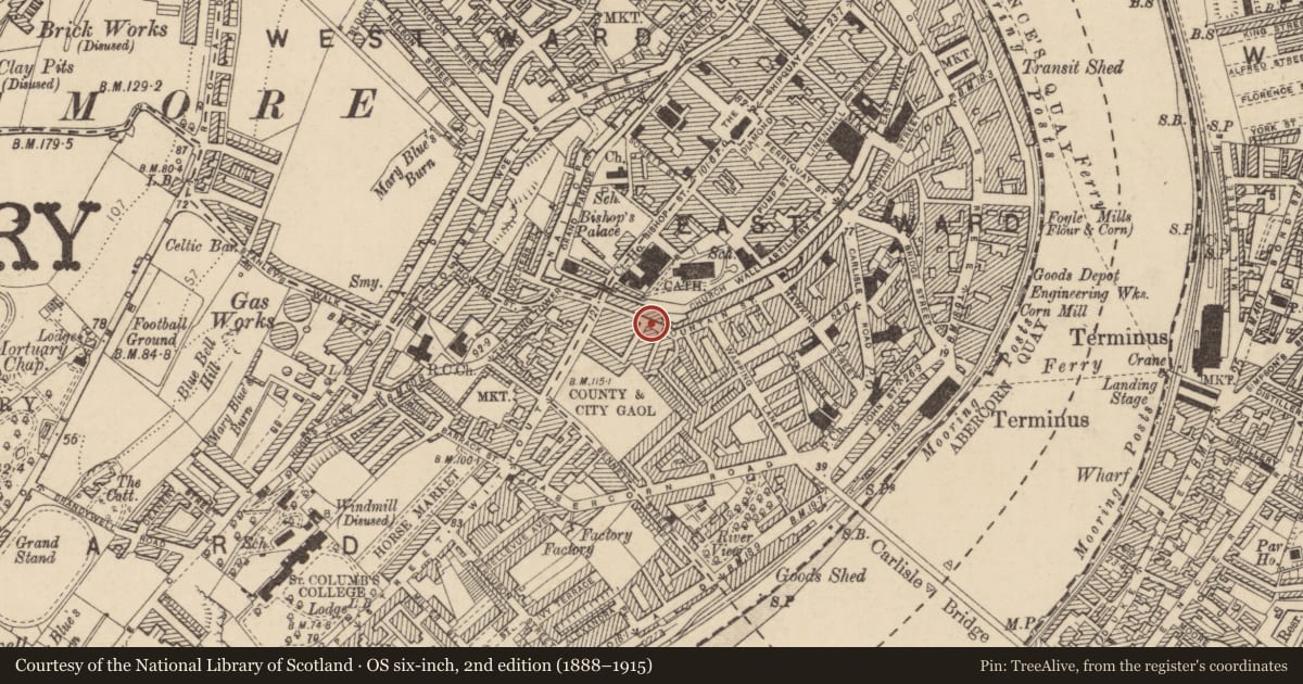 Ordnance Survey six-inch map, 2nd edition (1888–1915) covering the location of Albert Street/Fountain Street, Derry City and Strabane, with a pin at the register's coordinates