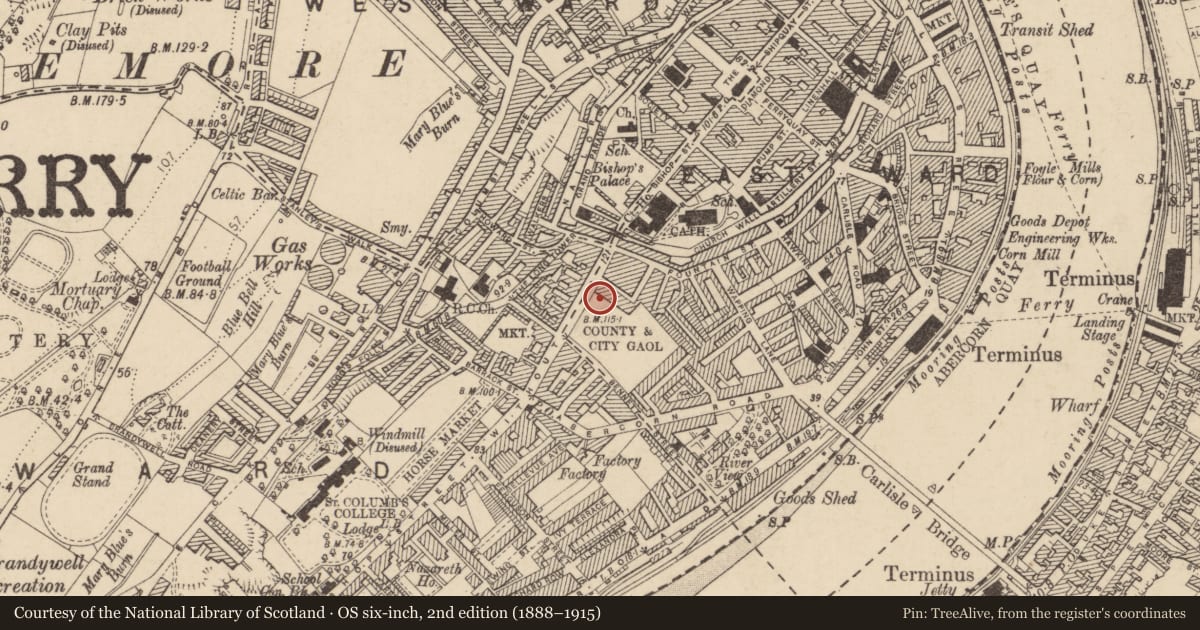 Ordnance Survey six-inch map, 2nd edition (1888–1915) covering the location of Gaol Tower, Londonderry, Derry City and Strabane, with a pin at the register's coordinates