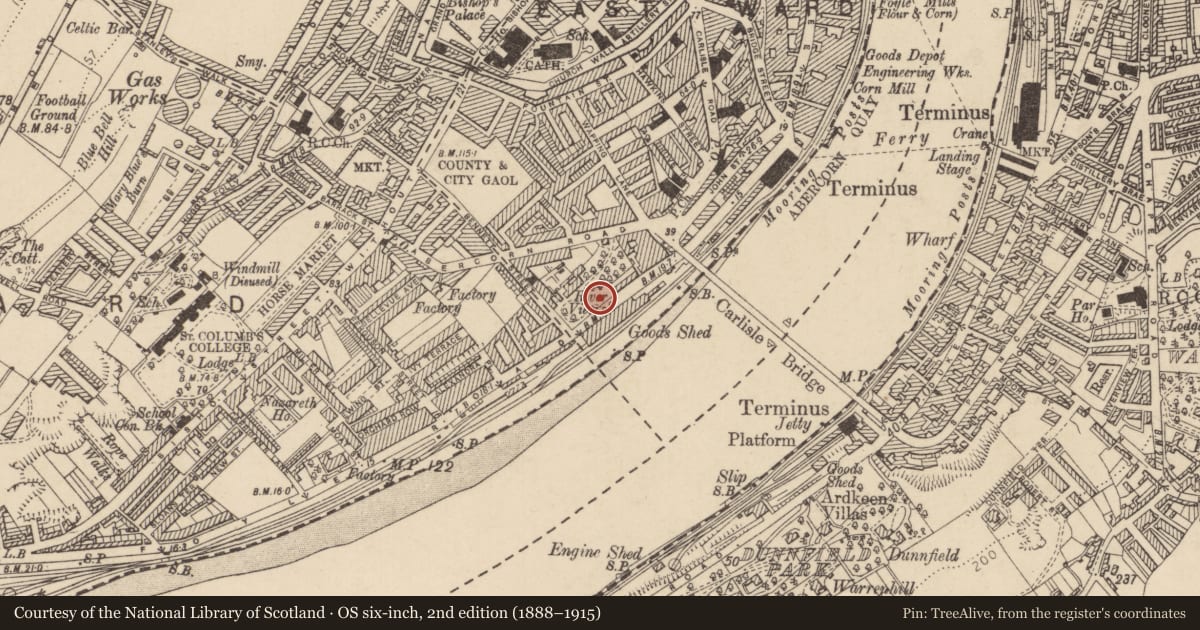 Ordnance Survey six-inch map, 2nd edition (1888–1915) covering the location of Riverhouse, Derry City and Strabane, with a pin at the register's coordinates