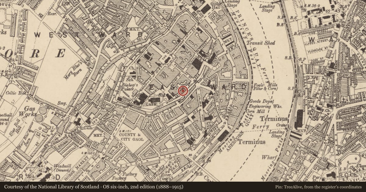 Ordnance Survey six-inch map, 2nd edition (1888–1915) covering the location of House, Artillery Street, Derry City and Strabane, with a pin at the register's coordinates