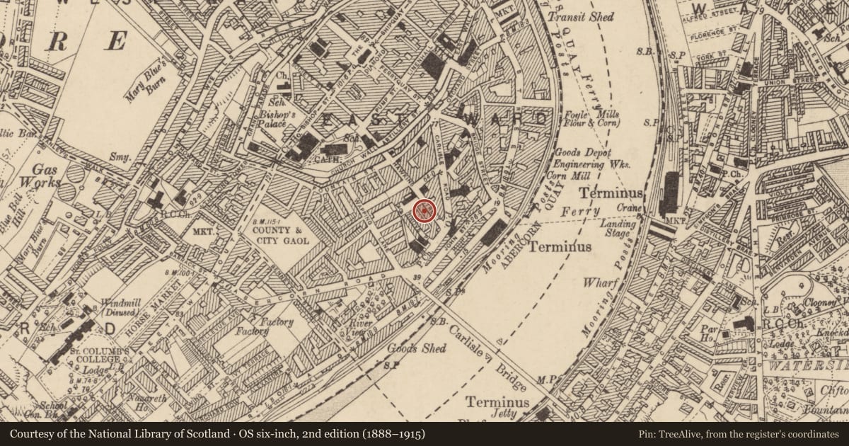 Ordnance Survey six-inch map, 2nd edition (1888–1915) covering the location of 34 Hawkin Street, Derry City and Strabane, with a pin at the register's coordinates