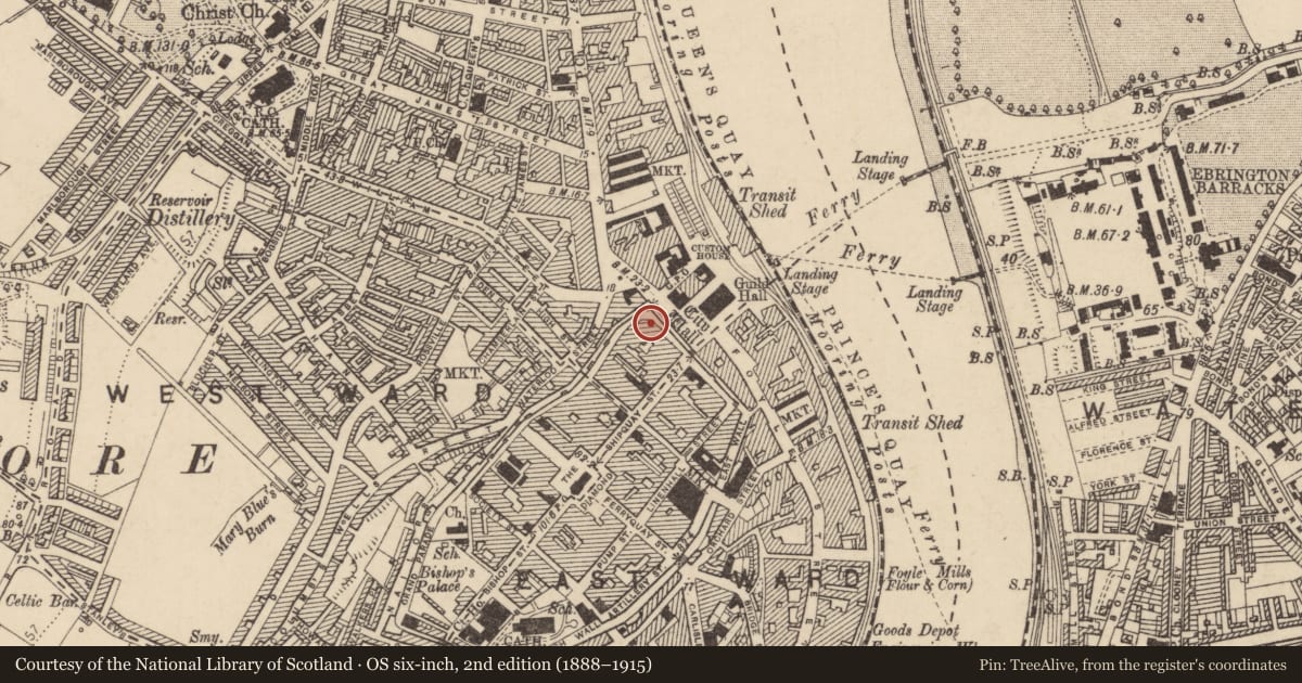 Ordnance Survey six-inch map, 2nd edition (1888–1915) covering the location of O’Doherty’s Fort, Derry City and Strabane, with a pin at the register's coordinates