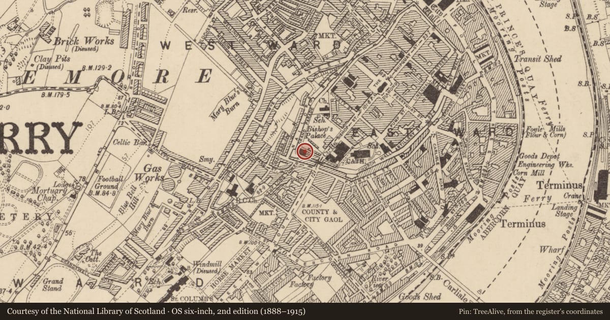 Ordnance Survey six-inch map, 2nd edition (1888–1915) covering the location of First Derry Primary School (AKA Verbal Arts Centre), Edenballymore, Derry City and Strabane, with a pin at the register's coordinates