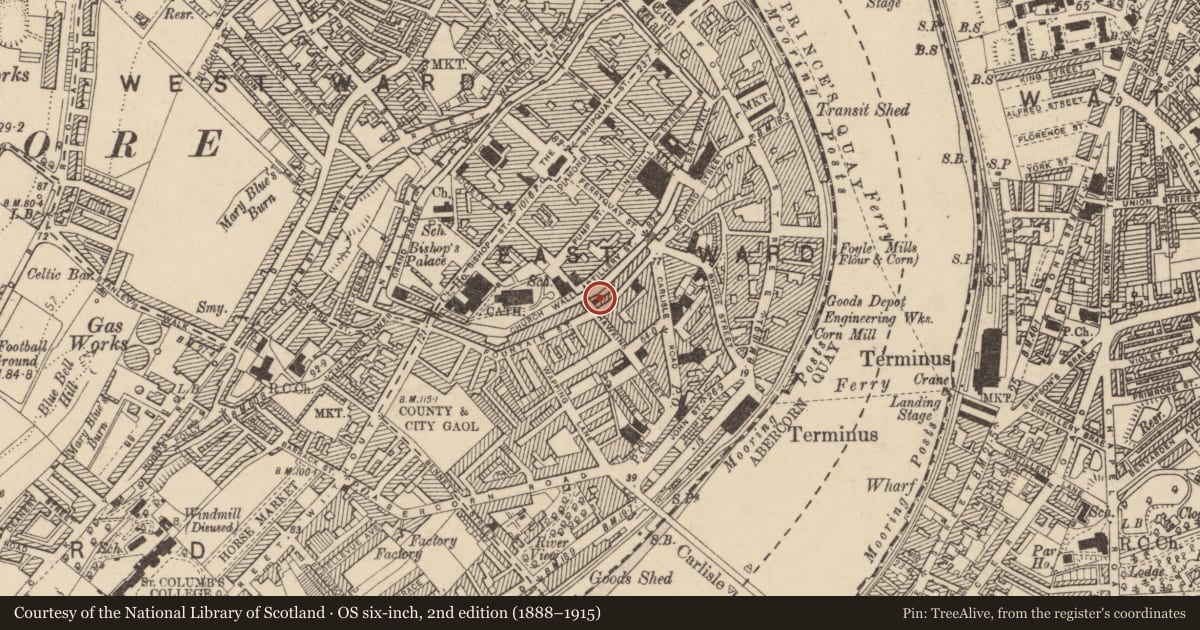 Ordnance Survey six-inch map, 2nd edition (1888–1915) covering the location of Former fire station, Londonderry, Derry City and Strabane, with a pin at the register's coordinates