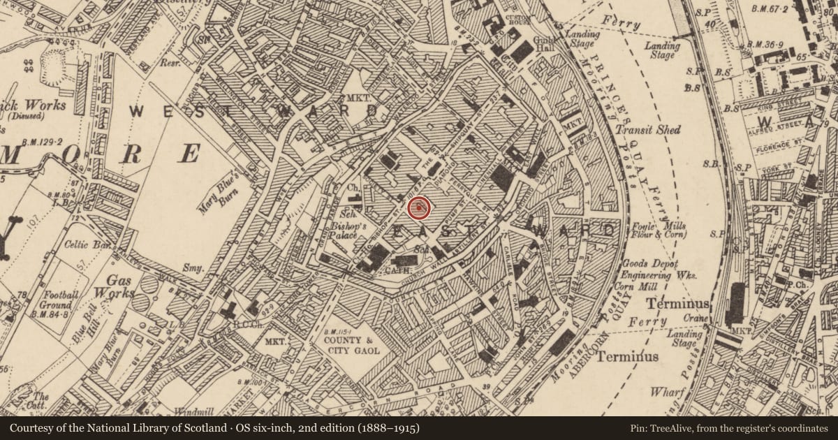 Ordnance Survey six-inch map, 2nd edition (1888–1915) covering the location of 16 Bishop Street, Londonderry, Derry City and Strabane, with a pin at the register's coordinates