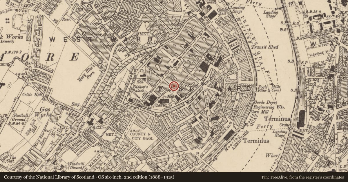 Ordnance Survey six-inch map, 2nd edition (1888–1915) covering the location of Cathedral Cottage, Londonderry, Derry City and Strabane, with a pin at the register's coordinates