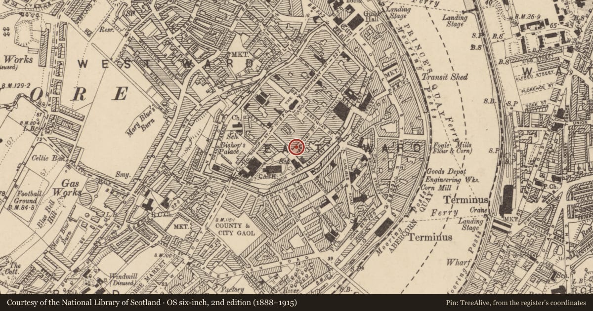 Ordnance Survey six-inch map, 2nd edition (1888–1915) covering the location of 23 Pump Street, Londonderry, Derry City and Strabane, with a pin at the register's coordinates