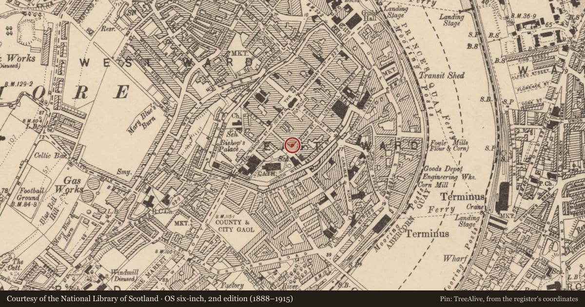 Ordnance Survey six-inch map, 2nd edition (1888–1915) covering the location of 20 London Street, Londonderry, Derry City and Strabane, with a pin at the register's coordinates