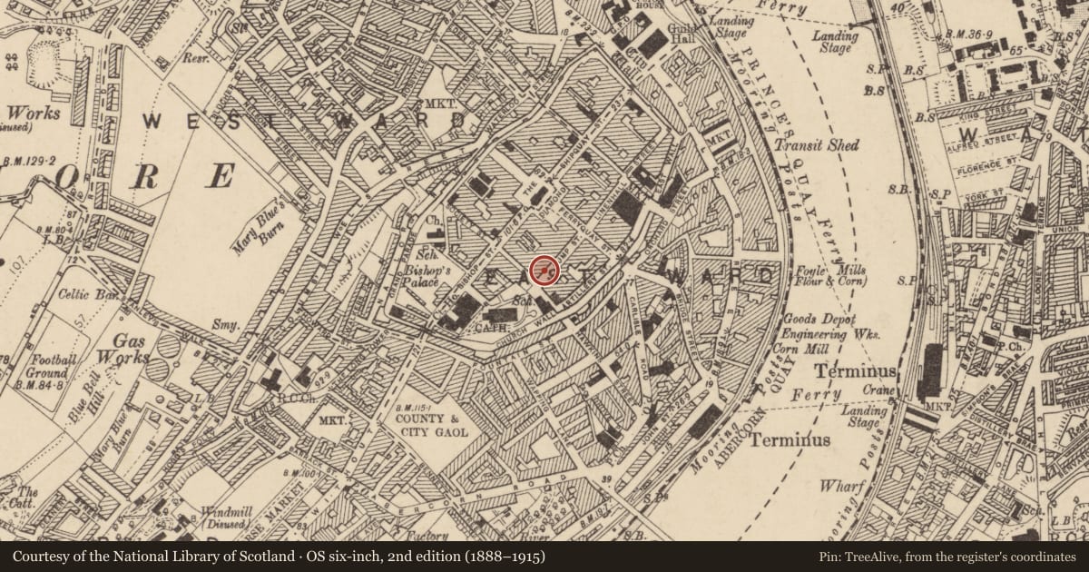 Ordnance Survey six-inch map, 2nd edition (1888–1915) covering the location of 21 Pump Street, Londonderry, Derry City and Strabane, with a pin at the register's coordinates