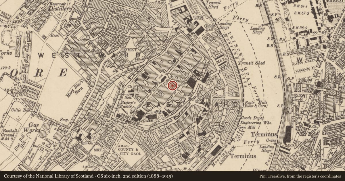 Ordnance Survey six-inch map, 2nd edition (1888–1915) covering the location of 7-9 Ferryquay Street, Londonderry, Derry City and Strabane, with a pin at the register's coordinates