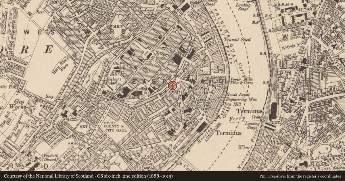 Ordnance Survey six-inch map, 2nd edition (1888–1915) covering the location of 11 Fountain Street, Londonderry, Derry City and Strabane, with a pin at the register's coordinates