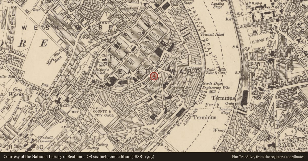 Ordnance Survey six-inch map, 2nd edition (1888–1915) covering the location of 13 Fountain Street, Londonderry, Derry City and Strabane, with a pin at the register's coordinates