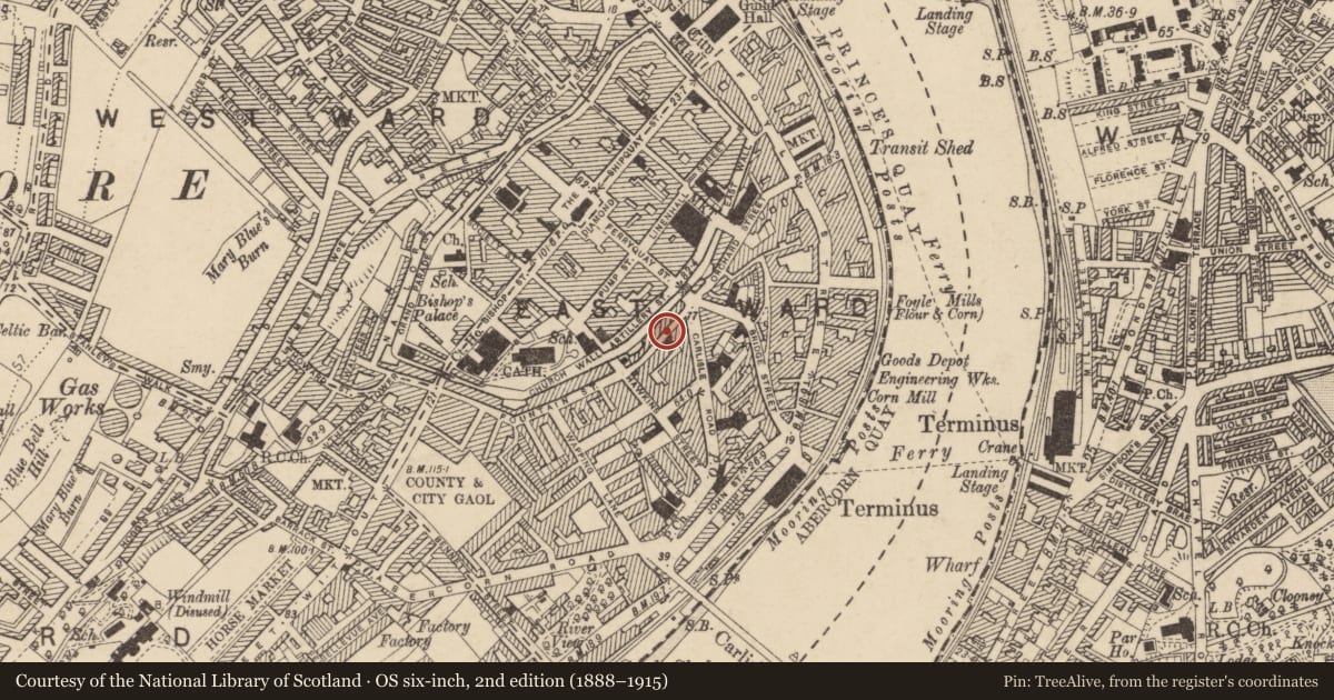 Ordnance Survey six-inch map, 2nd edition (1888–1915) covering the location of 15 Fountain Street, Londonderry, Derry City and Strabane, with a pin at the register's coordinates