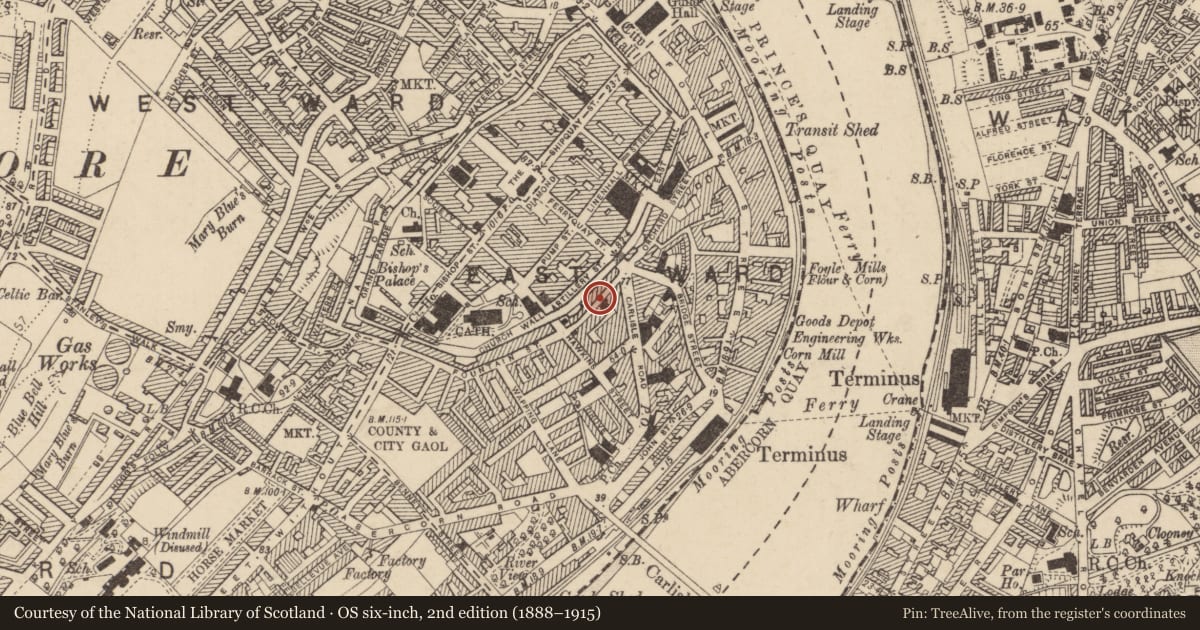 Ordnance Survey six-inch map, 2nd edition (1888–1915) covering the location of 17 Fountain Street, Londonderry, Derry City and Strabane, with a pin at the register's coordinates