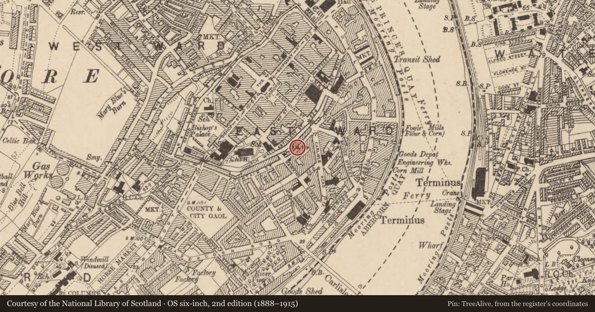 Ordnance Survey six-inch map, 2nd edition (1888–1915) covering the location of 25 Fountain Street, Londonderry, Derry City and Strabane, with a pin at the register's coordinates