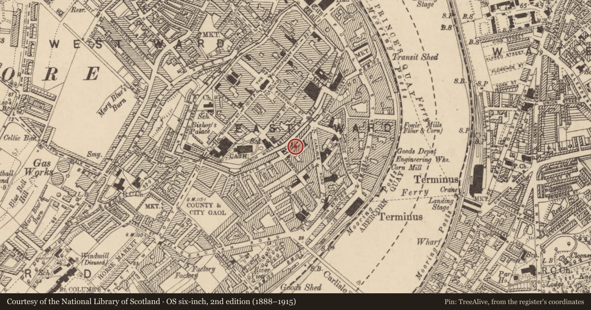 Ordnance Survey six-inch map, 2nd edition (1888–1915) covering the location of 27 Fountain Street, Londonderry, Derry City and Strabane, with a pin at the register's coordinates