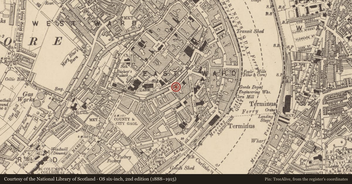 Ordnance Survey six-inch map, 2nd edition (1888–1915) covering the location of 35 Fountain Street, Londonderry, Derry City and Strabane, with a pin at the register's coordinates