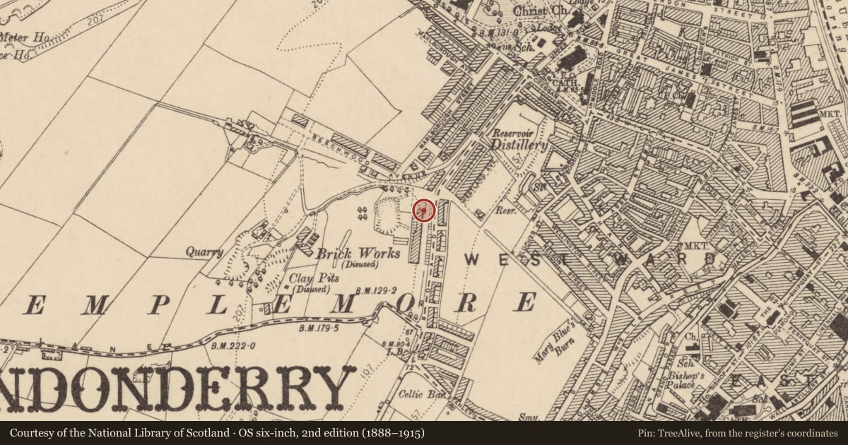 Ordnance Survey six-inch map, 2nd edition (1888–1915) covering the location of 1 West End Park, Edenballymore, Derry City and Strabane, with a pin at the register's coordinates