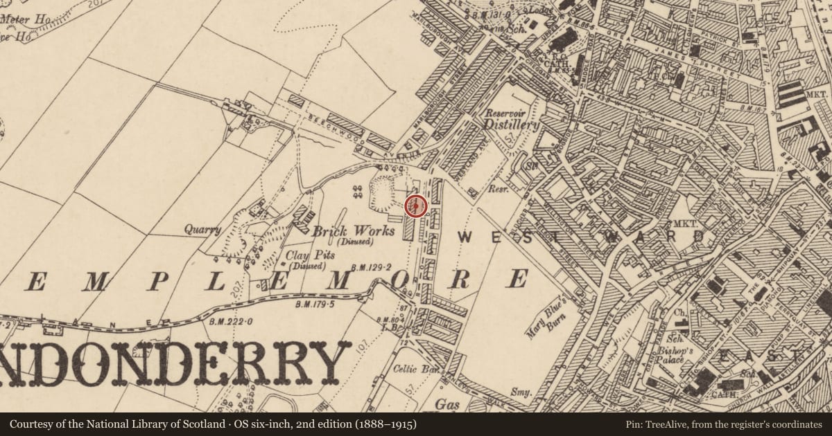 Ordnance Survey six-inch map, 2nd edition (1888–1915) covering the location of 7 West End Park, Edenballymore, Derry City and Strabane, with a pin at the register's coordinates