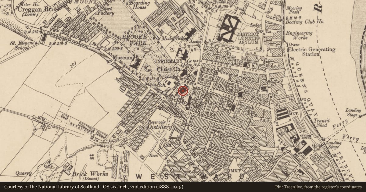Ordnance Survey six-inch map, 2nd edition (1888–1915) covering the location of St. Eugene'S Cathedral, Derry City and Strabane, with a pin at the register's coordinates