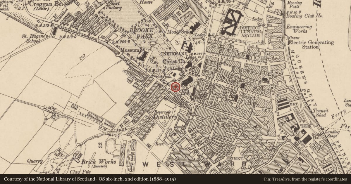 Ordnance Survey six-inch map, 2nd edition (1888–1915) covering the location of Bishop's Parochial Houses, Edenballymore, Derry City and Strabane, with a pin at the register's coordinates