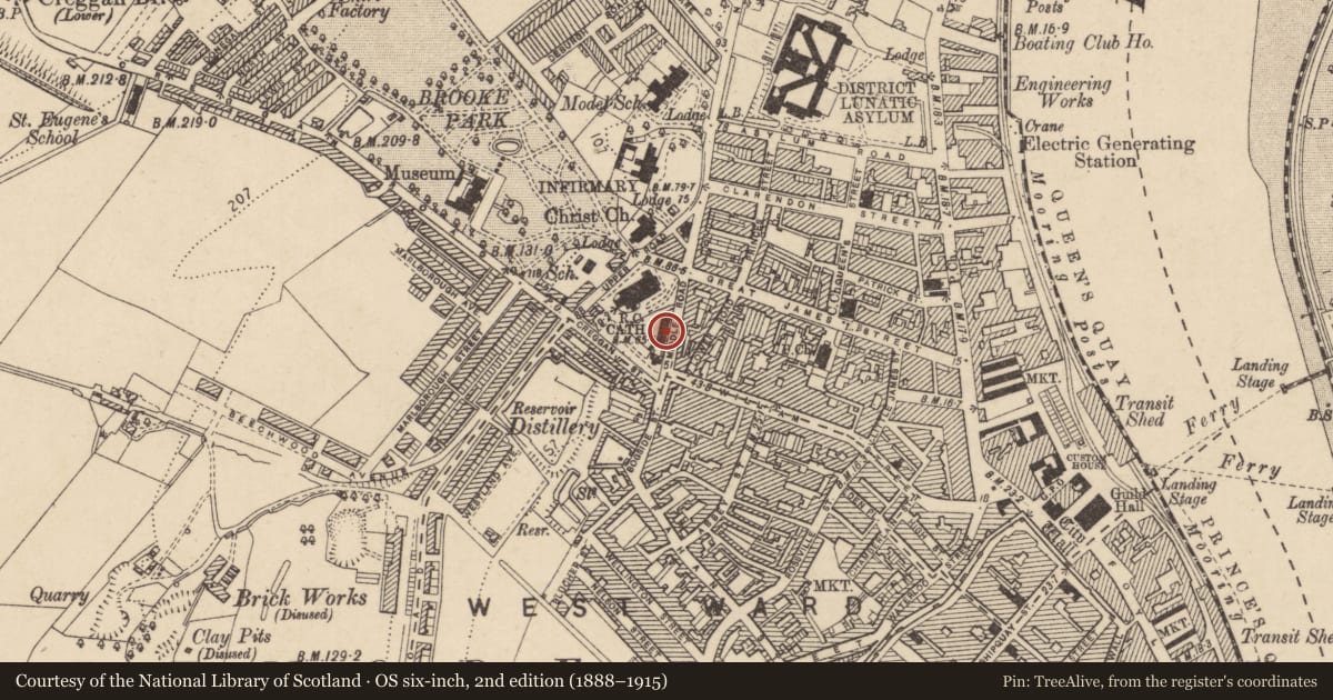 Ordnance Survey six-inch map, 2nd edition (1888–1915) covering the location of St. Eugene's Convent School, Edenballymore, Derry City and Strabane, with a pin at the register's coordinates