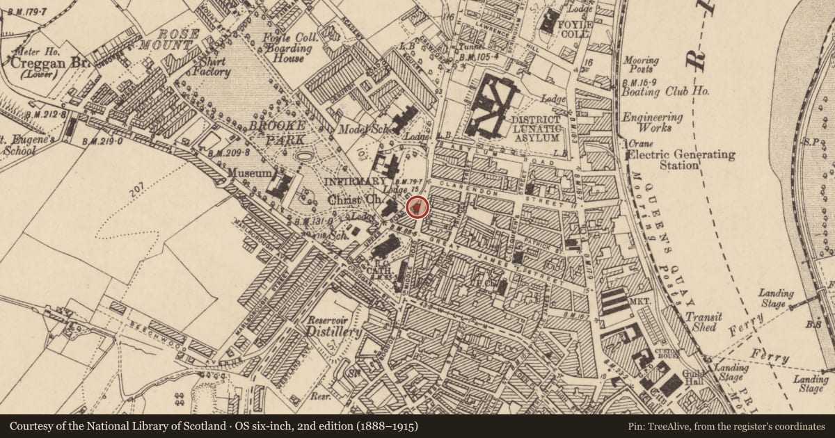 Ordnance Survey six-inch map, 2nd edition (1888–1915) covering the location of Craig Memorial Hall, Edenballymore, Derry City and Strabane, with a pin at the register's coordinates