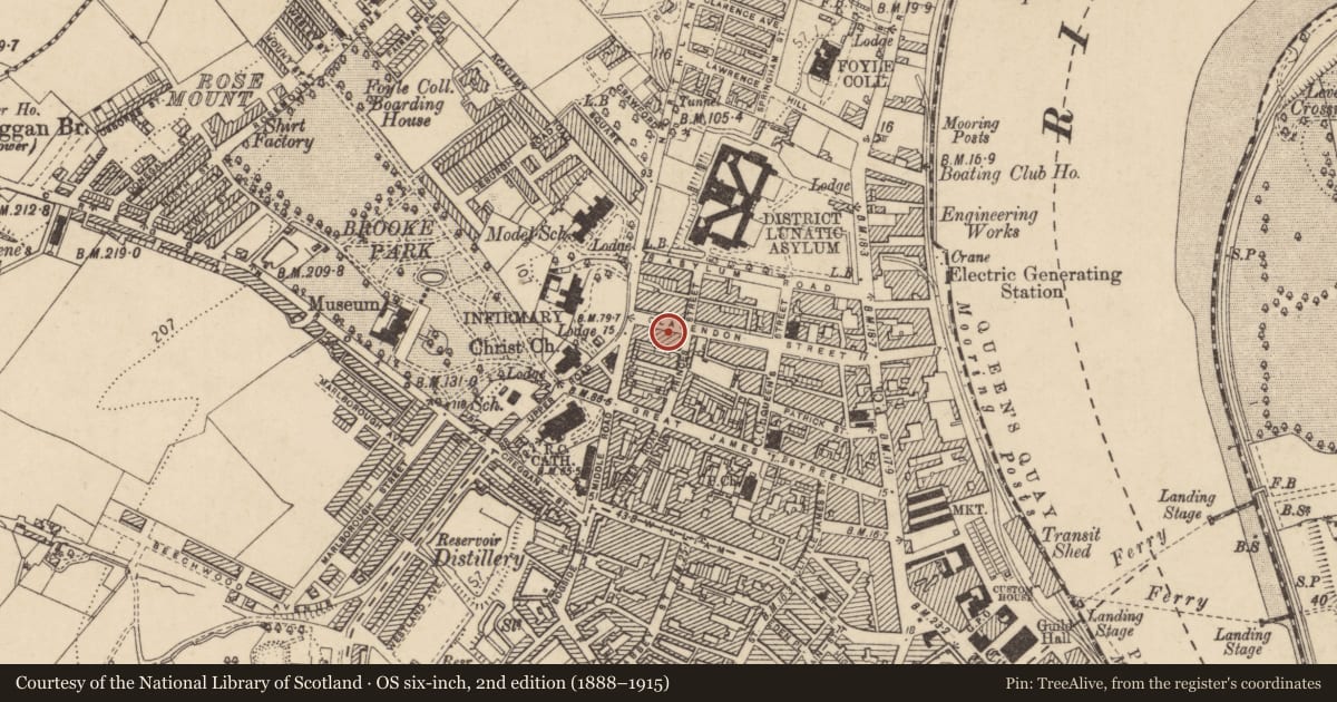 Ordnance Survey six-inch map, 2nd edition (1888–1915) covering the location of 61 Claredon Street, Edenballymore, Derry City and Strabane, with a pin at the register's coordinates