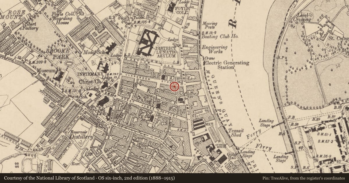 Ordnance Survey six-inch map, 2nd edition (1888–1915) covering the location of 7 Clarendon St., Edenballymore, Derry City and Strabane, with a pin at the register's coordinates