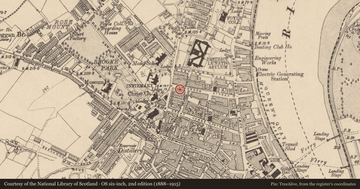 Ordnance Survey six-inch map, 2nd edition (1888–1915) covering the location of 63 Claredon Street, Edenballymore, Derry City and Strabane, with a pin at the register's coordinates
