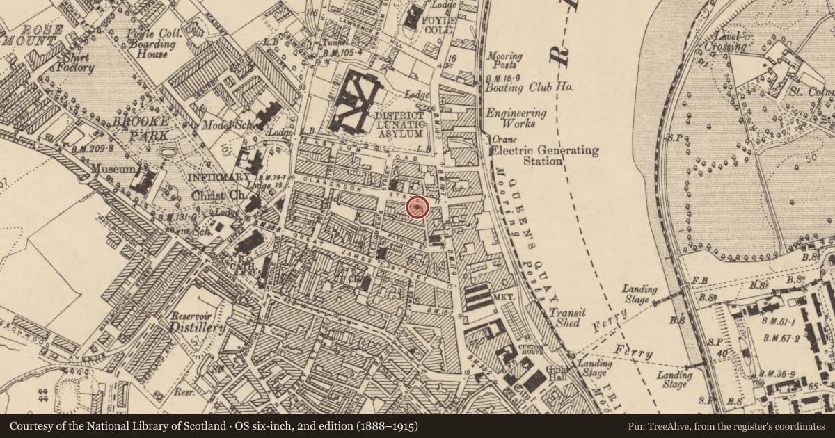 Ordnance Survey six-inch map, 2nd edition (1888–1915) covering the location of 9 Clarendon St., Edenballymore, Derry City and Strabane, with a pin at the register's coordinates