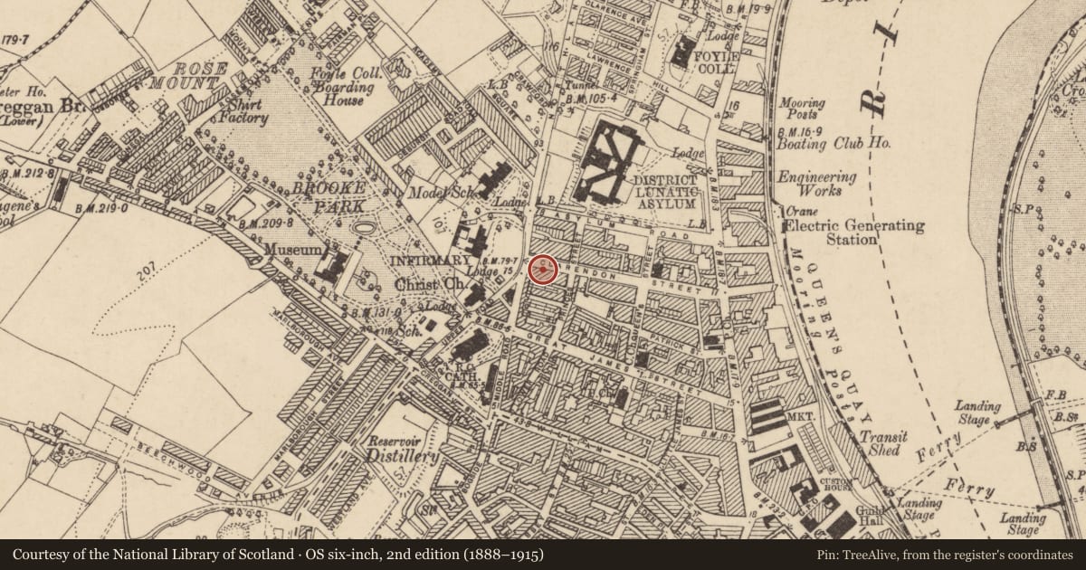 Ordnance Survey six-inch map, 2nd edition (1888–1915) covering the location of 67 Clarendon Steet, Edenballymore, Derry City and Strabane, with a pin at the register's coordinates
