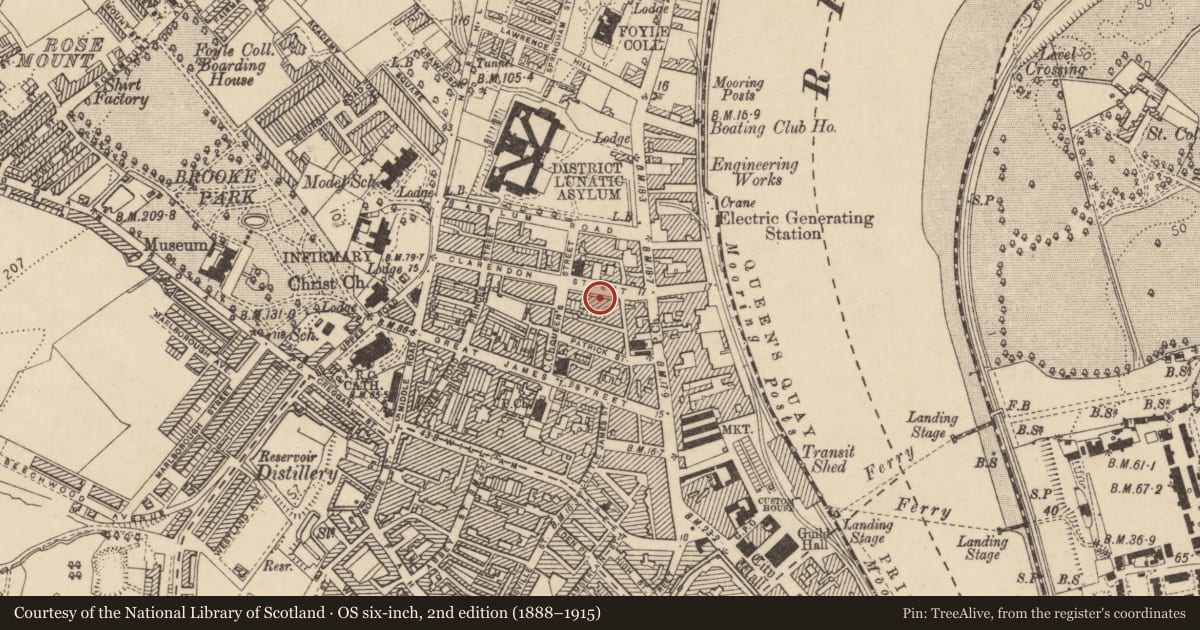 Ordnance Survey six-inch map, 2nd edition (1888–1915) covering the location of 15 Clarendon St, Edenballymore, Derry City and Strabane, with a pin at the register's coordinates
