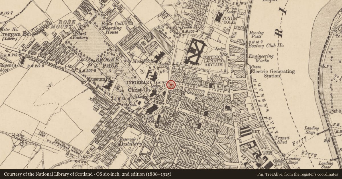 Ordnance Survey six-inch map, 2nd edition (1888–1915) covering the location of 73 Clarendon St., Edenballymore, Derry City and Strabane, with a pin at the register's coordinates