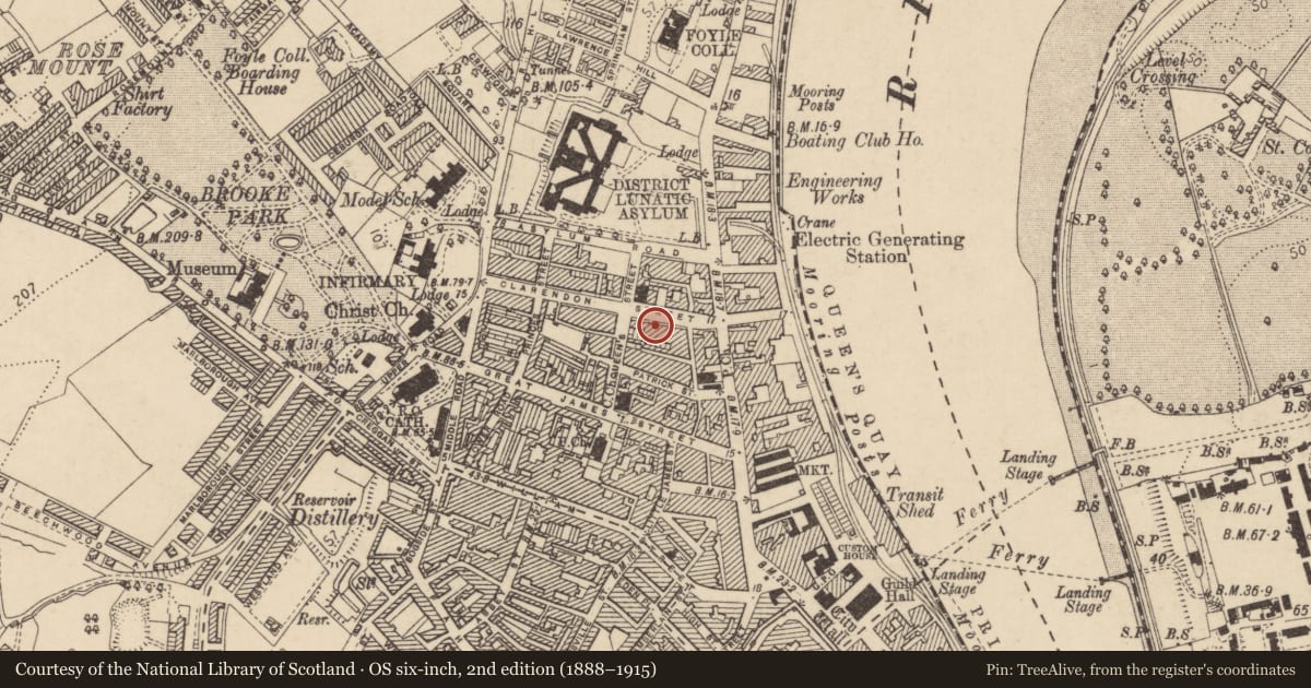 Ordnance Survey six-inch map, 2nd edition (1888–1915) covering the location of 19 Clarendon St., Derry City and Strabane, with a pin at the register's coordinates