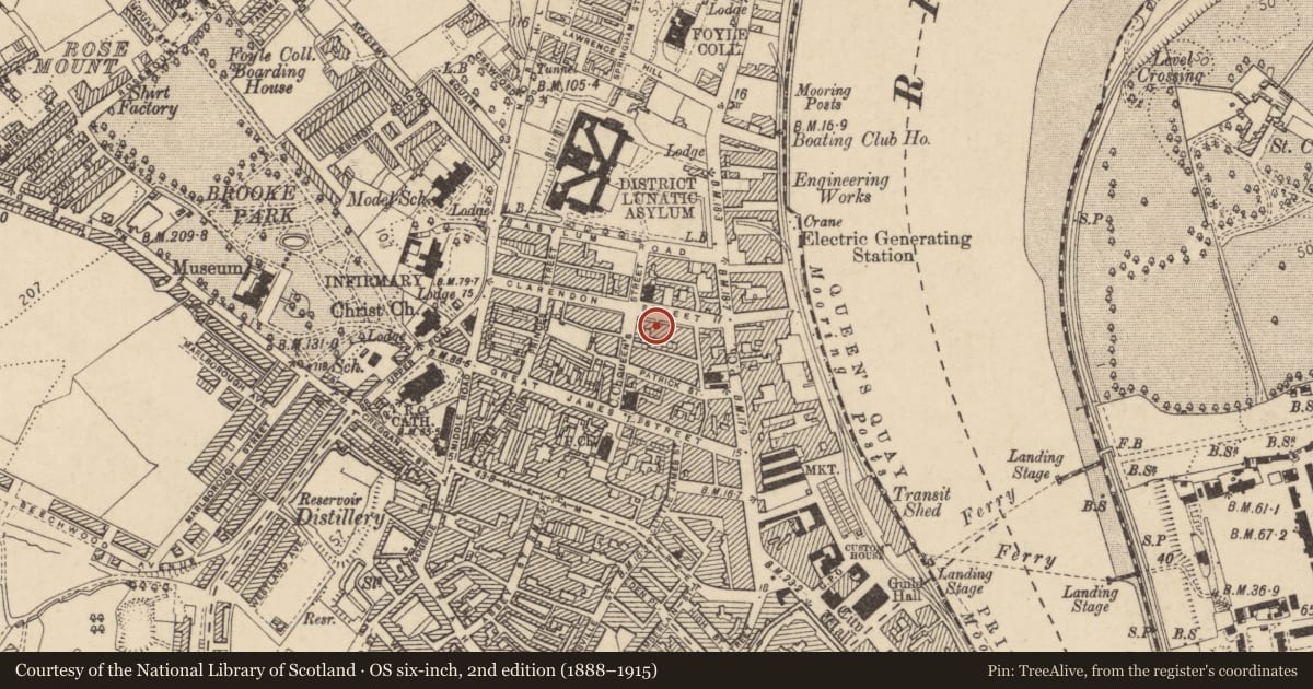 Ordnance Survey six-inch map, 2nd edition (1888–1915) covering the location of 21 Clarendon St., Edenballymore, Derry City and Strabane, with a pin at the register's coordinates