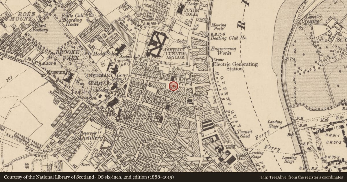Ordnance Survey six-inch map, 2nd edition (1888–1915) covering the location of 23 Clarendon St, Edenballymore, Derry City and Strabane, with a pin at the register's coordinates