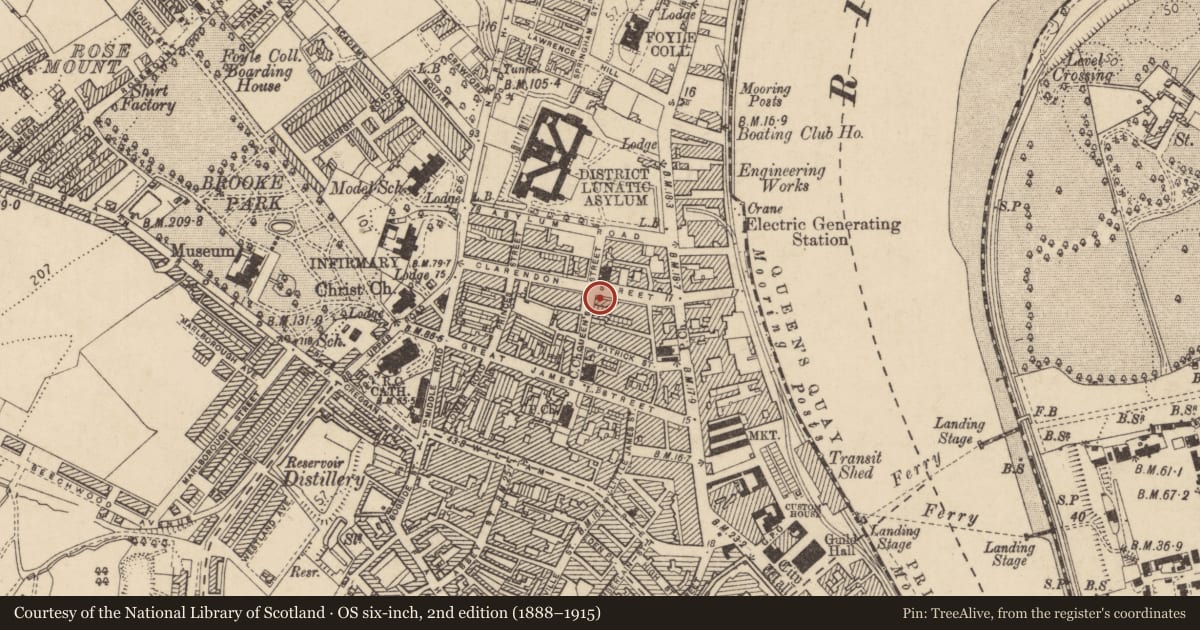 Ordnance Survey six-inch map, 2nd edition (1888–1915) covering the location of 27 Clarendon St., Edenballymore, Derry City and Strabane, with a pin at the register's coordinates