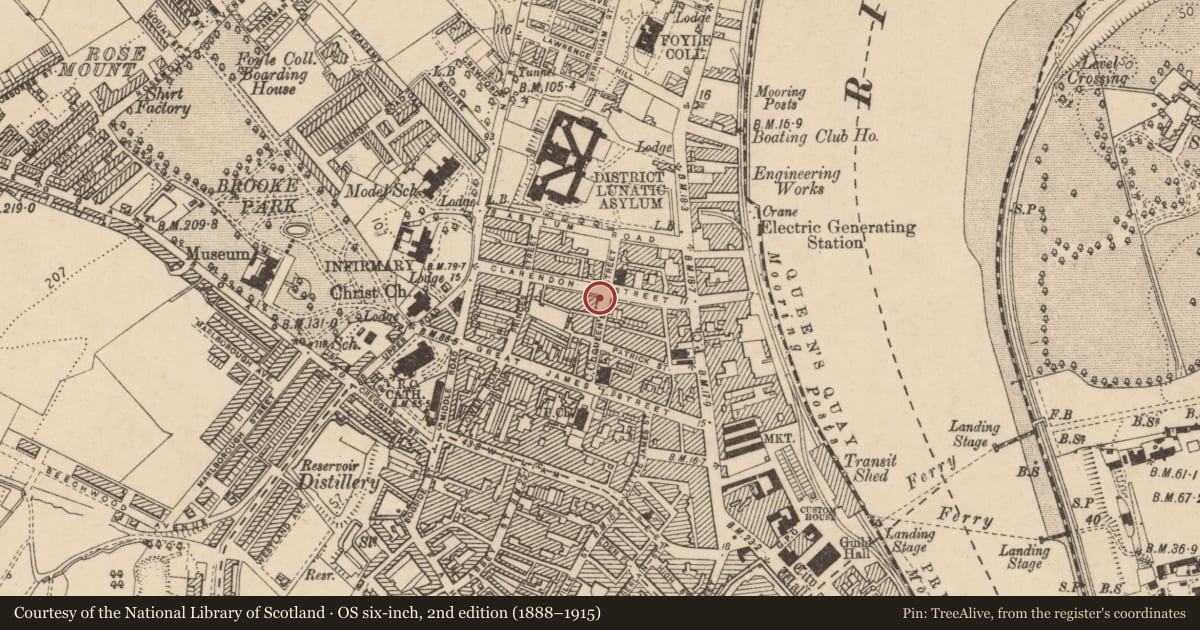 Ordnance Survey six-inch map, 2nd edition (1888–1915) covering the location of 29 Clarendon St., Edenballymore, Derry City and Strabane, with a pin at the register's coordinates