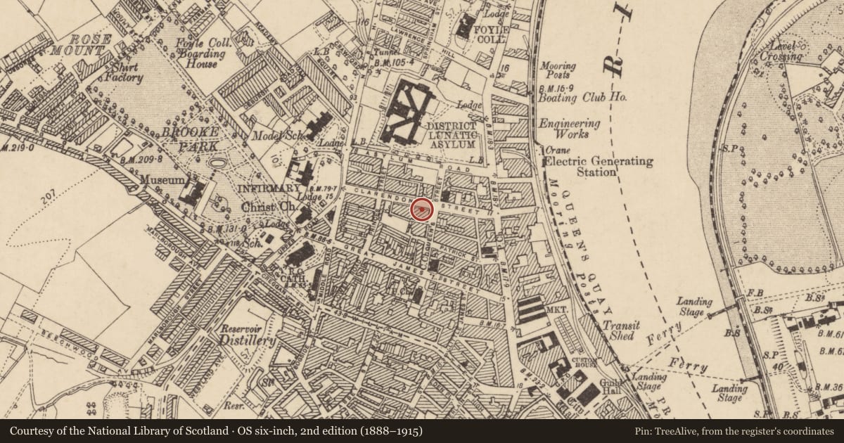 Ordnance Survey six-inch map, 2nd edition (1888–1915) covering the location of 35 Clarendon St., Edenballymore, Derry City and Strabane, with a pin at the register's coordinates
