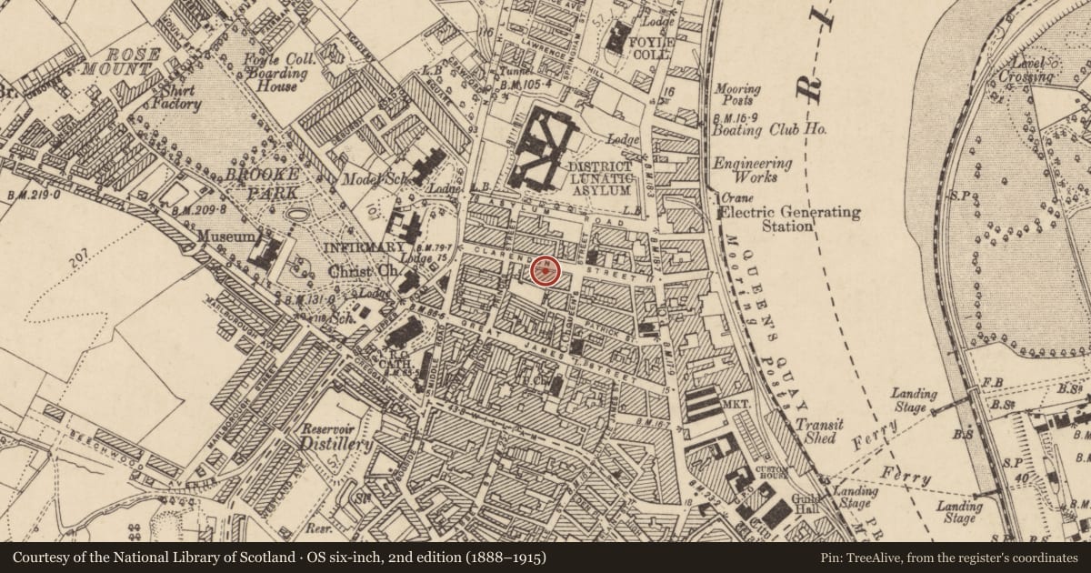 Ordnance Survey six-inch map, 2nd edition (1888–1915) covering the location of 43 Clarendon Street, Edenballymore, Derry City and Strabane, with a pin at the register's coordinates