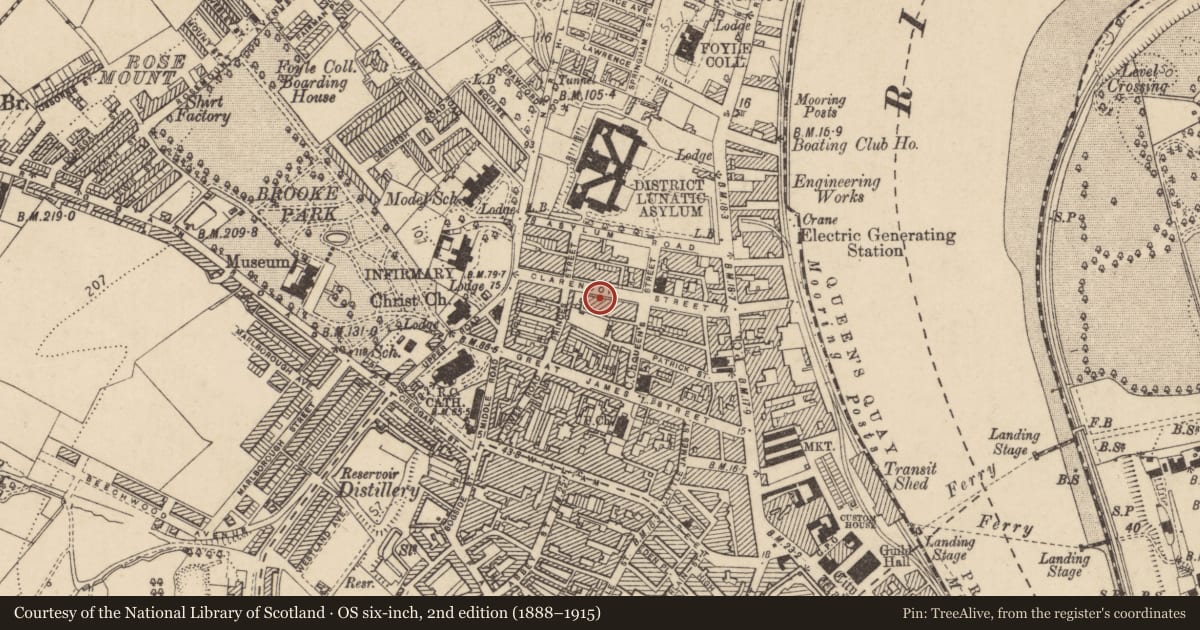 Ordnance Survey six-inch map, 2nd edition (1888–1915) covering the location of 47 Clarendon St., Edenballymore, Derry City and Strabane, with a pin at the register's coordinates