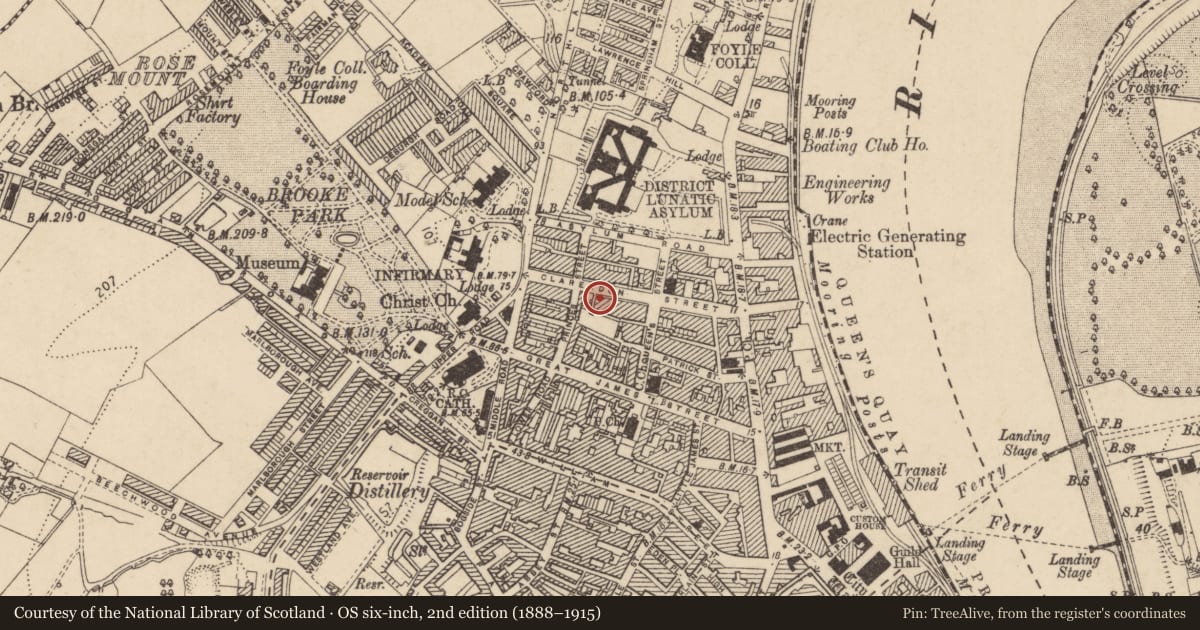 Ordnance Survey six-inch map, 2nd edition (1888–1915) covering the location of 51 Clarendon St., Edenballymore, Derry City and Strabane, with a pin at the register's coordinates